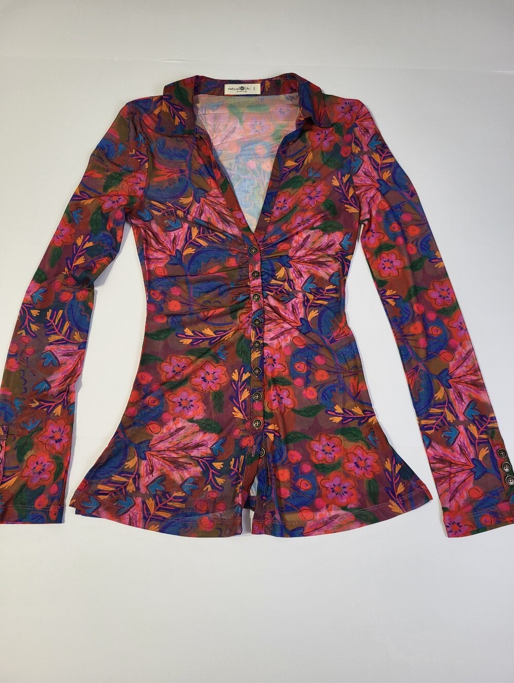 Natural Life Carina Women's Floral Print Mesh Long Sleeve Blouse Top Size Small